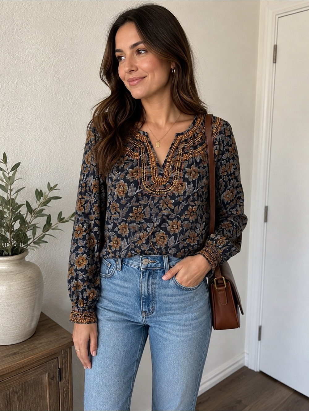 Pure Jill Embroidered Floral Peasant Top in Navy and Tan